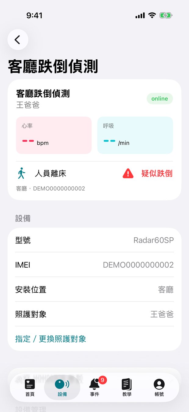 ezCare App 設備畫面：即時心率、呼吸與人員離床狀態